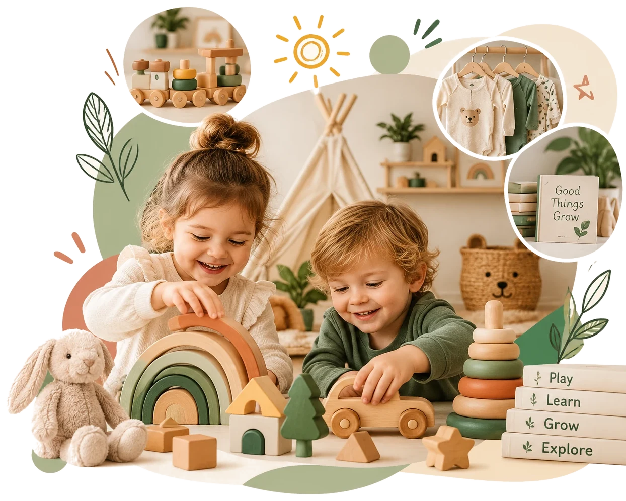 Two children playing with wooden toys