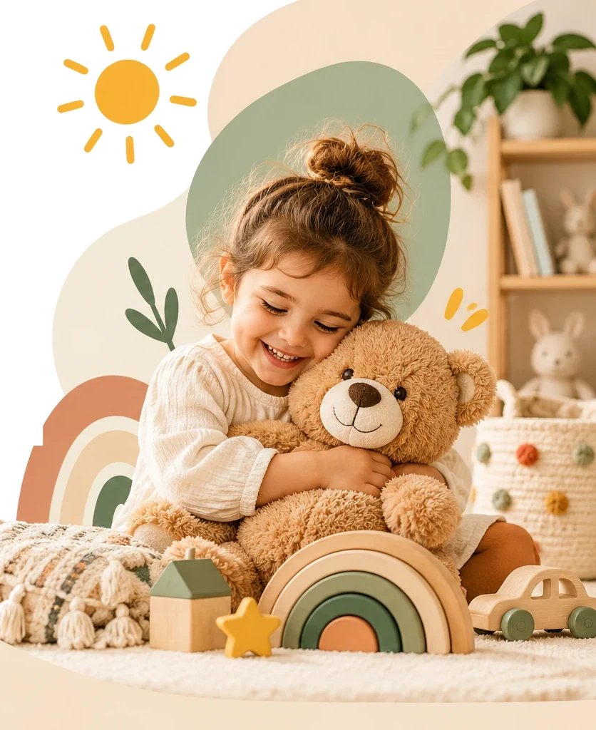 A happy child hugging a teddy bear surrounded by wooden toys